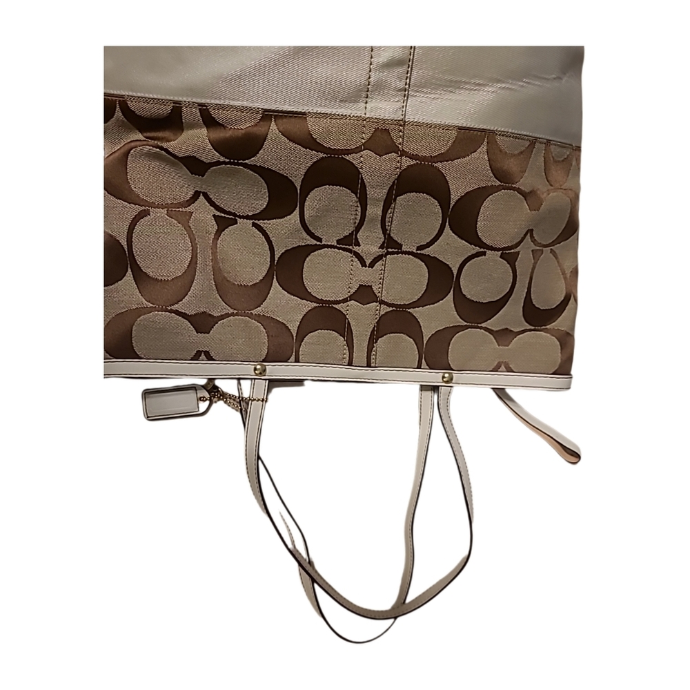 COACH Signature Khakie/Brown Ivory Leather Trimed Tote Shoulder Bag 10125 GUC - Picture 9 of 11